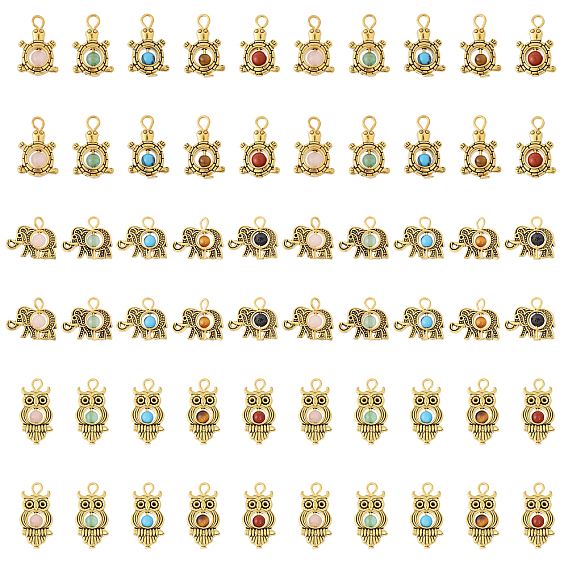 60 шт. 15 стили антикварные подвески из сплава золотого тона, со смешанными шарики Gemstone, слон, черепаха и сова, разнообразные