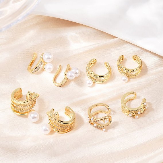 Латунные серьги-манжеты из прозрачного кубического циркония, с пластиковой имитационной жемчужиной