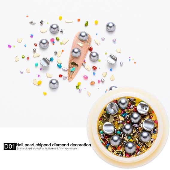 Nail Art Decoration Accessories, with ABS Plastic Imitation Pearl Cabochons and Glass Beads, Chip & Half Round