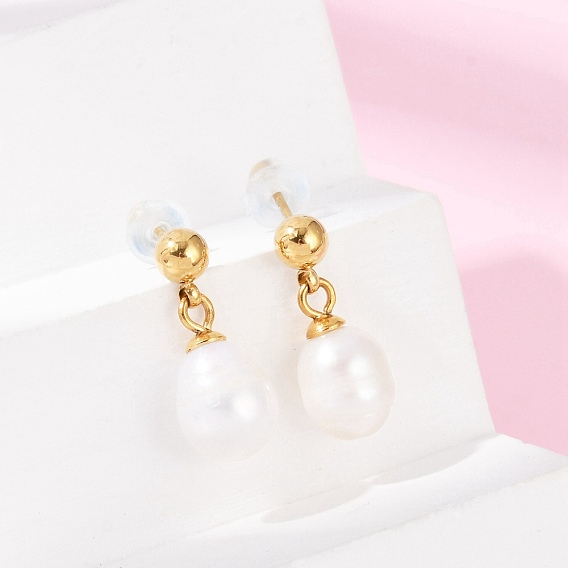 304 Stainless Steel Natural Freshwater Pearl Dangle Stud Earrings, Ion Plating(IP), Oval