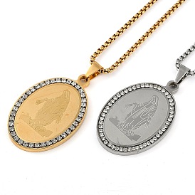 304 Stainless Steel Crystal Rhinestone Religion Virgin Mary Oval Pendant Box Chain Necklaces