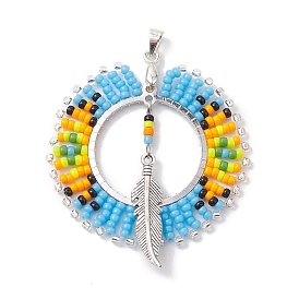 Seed Glass & Alloy Feather Pendant, with Brass Findings, Flat Round