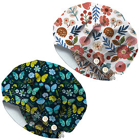 2pcs 2 styles chapeaux bouffants imprimés réglables en coton casquettes de travail pour femmes hommes, avec le bouton