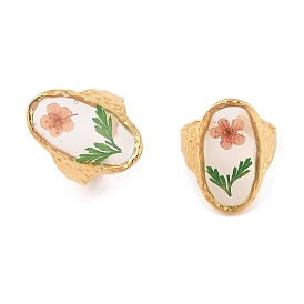 Oval Ion Plating(IP) 304 Stainless Steel Open Cuff Rings for Women, with Epoxy Resin & Dried Flower inside