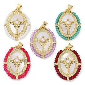 Rack Plating Brass Pave Shell Blessed Virgin Mary Oval Pendants, Magic Wand Charms with ABS Plastic Pearls, Real 18K Gold Plated, Long-Lasting Plated, Lead Free & Cadmium Free