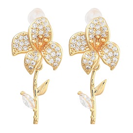 Brass Micro Pave Clear Cubic Zirconia Stud Earrings, Nickle Free, Flower