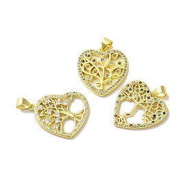 Brass Micro Pave Cubic Zirconia Pendants, Real 18K Gold Plated, Heart with Tree of Life