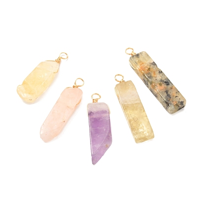 Natural Quartz Pendants, with Real 18K Gold Plated Eco-Friendly Copper Wire, Rectangle