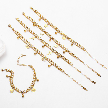 201 из нержавеющей стали шарм браслеты, 201 Двухслойные браслеты из нержавеющей стали с якорной и кабельной цепочкой для женщин, ионное покрытие (ip), долговечный