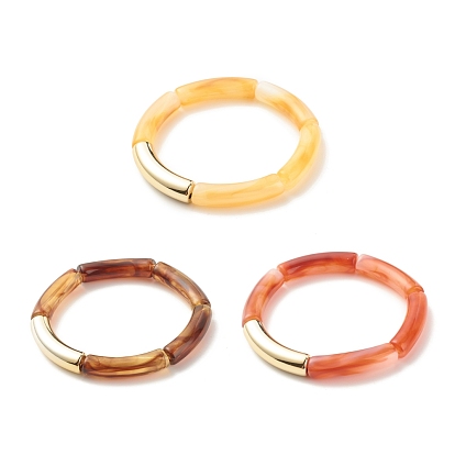3Pcs 3 Color Imitation Gemstone Acrylic Curved Tube Beaded Stretch Bracelets Set, Chunky Bracelets for Women