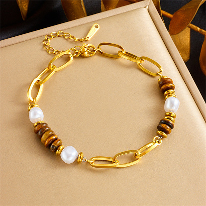 304 Stainless Steel Paperclip Chain Natural Tiger Eye Rondelle Beaded Bracelets for Women, with Imitation Pearl, White