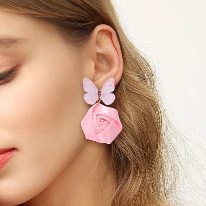 Butterfly Rose Earrings - Cute Princess Girl Teen Heart Jewelry Studs