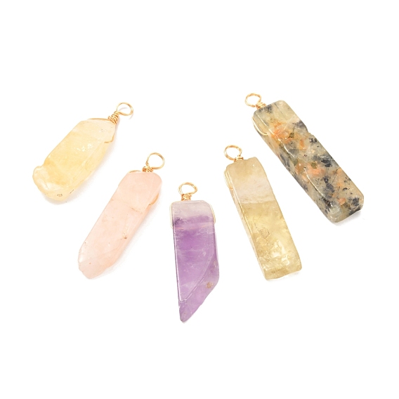 Natural Quartz Pendants, with Real 18K Gold Plated Eco-Friendly Copper Wire, Rectangle