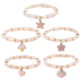Naturel a augmenté de bracelets de perles de quartz, bracelets à pendentif en alliage d'émail pour femmes, étoile de mer/champignon/coquille/fleur/cœur