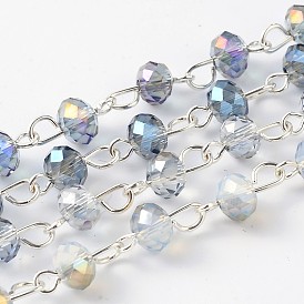 Handmade Electroplate Glass Faceted Rondelle Beads Chains for Necklaces Bracelets Making, with Silver Color Plated Brass Eye Pin, Unwelded, 39.4 inch, about 92pcs/strand