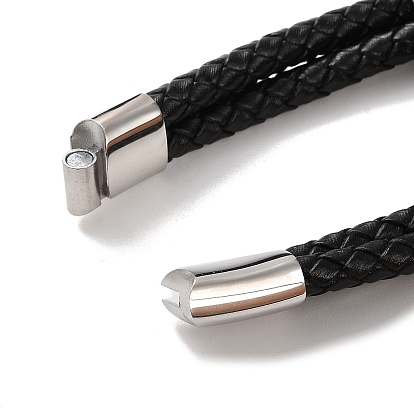 Men's Braided Black PU Leather Cord Multi-Strand Bracelets, Helm 304 Stainless Steel Link Bracelets with Magnetic Clasps
