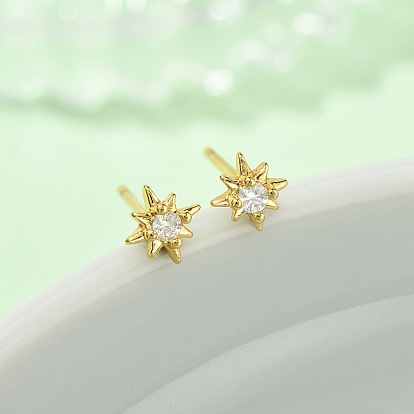 Серьги-гвоздики из прозрачного кубического циркония с микропаве из латуни в форме звезды, без кадмия и без свинца, стойки покрытие, долговечный