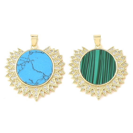 Synthetic Gemstone Pendants, Brass Micro Pave Clear Cubic Zirconia Sun Bezeled Charms, Rack Plating, Long-Lasting Plated, Lead Free & Cadmium Free, Real 18K Gold Plated