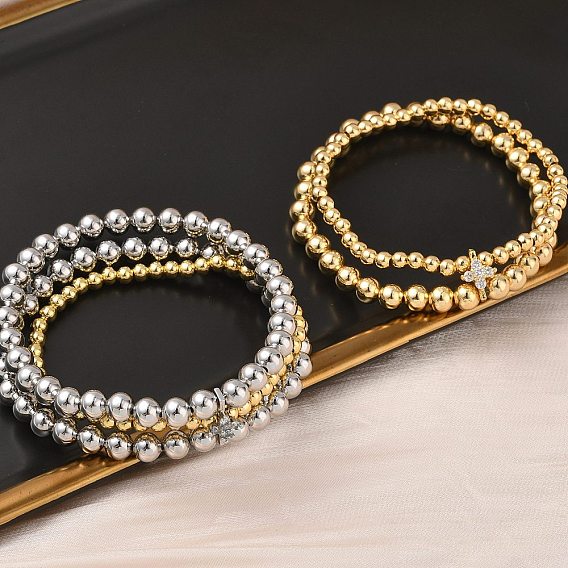 Браслеты из латуни с микропаве из прозрачных кубических цирконий, многорядные, с круглыми бусинами для женщин, стойки покрытие, долговечный, без свинца и без кадмия