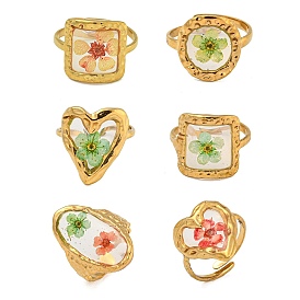 Brass Adjustable Rings for Women, Cadmium Free & Lead Free, with Epoxy Resin & Dried Flower inside