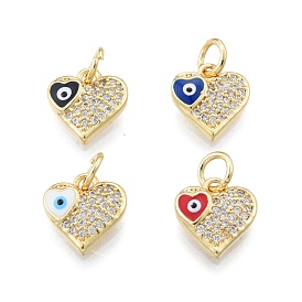 Brass Micro Pave Clear Cubic Zirconia Charms, with Enamel and Jump Rings, Golden, Heart with Evil Eye