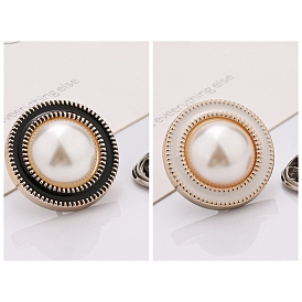 Plastic Brooch, Alloy Pin, with Enamel, Imitation Pearl, for Garment Accessories, Round