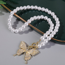 Collier papillon de luxe double couche de perles et de diamants pour femme