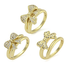 Bowknot Brass Micro Pave Clear Cubic Zirconia Open Cuff Double Rings, for Women