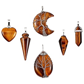 6Pcs 6 Style Natural Tiger Eye Pendants, with Platinum Tone Brass Findings, Mix-shaped