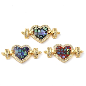 Rack Plating Brass Micro Pave Clear Cubic Zirconia Heart Links, with Enamel & Shell, Real 18K Gold Plated, Long-Lasting Plated, Lead Free & Cadmium Free