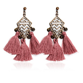 Bohemian Style Earrings with Hollow Diamond, Beaded Tassel Pendant and Dangling Drop Design