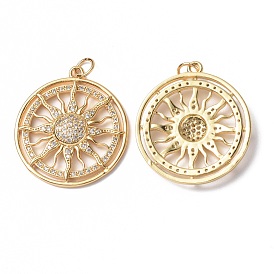 Brass Micro Pave Cubic Zirconia Pendants, with Jump Rings, Flat Round with Sun Charms