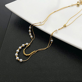 304 chaînes coreana en acier inoxydable colliers double couche, avec perle plastique imitation perle