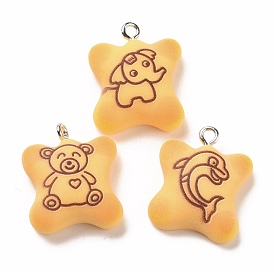 Resin Pendants, with Platinum Iron Findings, Imitation Food, Biscuit with Bear Pattern
