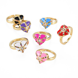 Micro pavé de latón ajustable anillos de dedo de circonita cúbica de colores, con esmalte, sin níquel, corazón, real 16 k chapado en oro