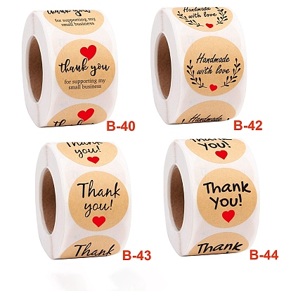 Self Adhesive Kraft Paper Thank You Gift Stickers Roll, Round Dot Gift Sealing Decals with Flower, for Gift Warpping