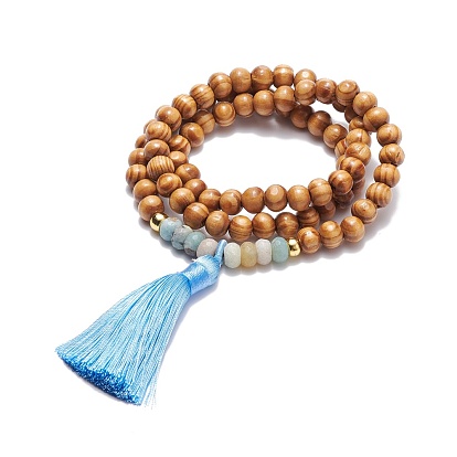 Bracelet wrap perles rondes fleur naturelle amazonite & bois, bracelet trois boucles avec gros pendentif pompon en polyester pour femme