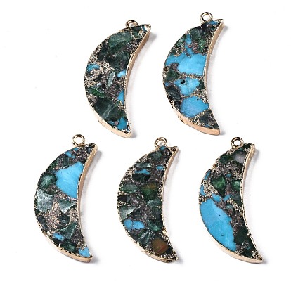 Assembled Natural Bronzite & Synthetic Turquoise & Imperial Jasper Pendants, with Light Gold Iron Loop and Brass Edge, Moon