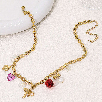 Белый бант ярко-розовое сердце красная клубника 201 ожерелья из нержавеющей стали и смолы для женщин