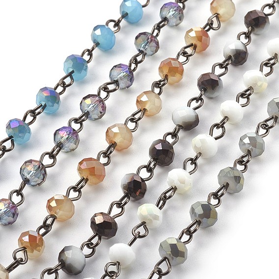 Handmade Electroplate Glass Beads Chains, Unwelded, with Iron Eye Pin, Rondelle
