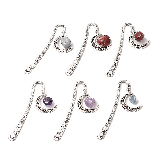 Mixed Natural Gemstone Moon Bookmarks, Tibetan Style Alloy Hook Bookmark