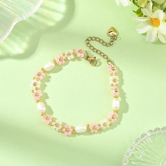 Natural Rice Pearl Flower Glass Seed Beaded Bracelets for Women, Golden