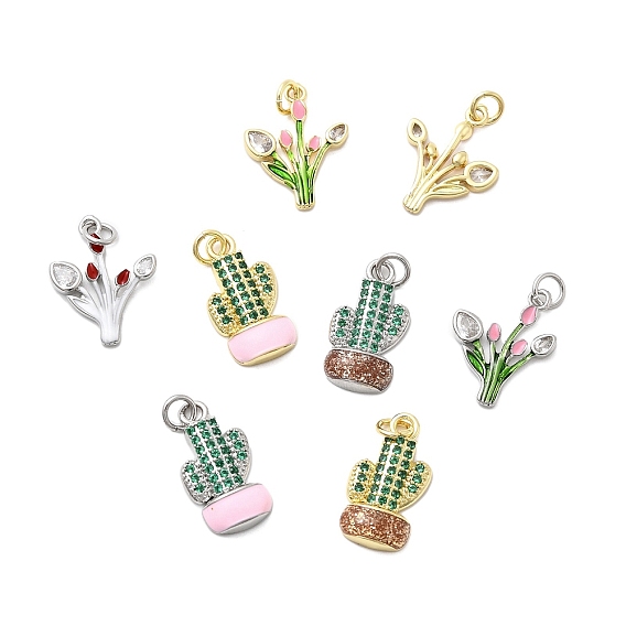 Латунные микро проложить кубического циркония подвески, кактус/цветок, с прыгающим кольцом и эмалью, без кадмия и без свинца, стойки покрытие, долговечный