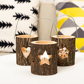 Rustic Wood Trunk Candle Holder, Votive Tealight Candlesticks, with Iron Handle, Hollow Heart/Tree/Star/Snowflake