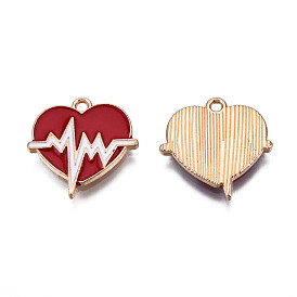 Rack Plating Eco-Friendly Alloy Enamel Pendants, Cadmium Free & Lead Free, Light Gold, Heart with Electrocardiogram