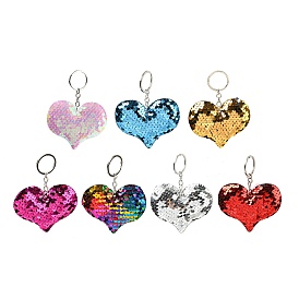 PVC Reflective Sequin Heart Pendant Keychain, with Platinum Plated Iron Findings, for Car Keychain Bag Ornament
