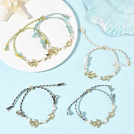 Ozean 304 Edelstahl-Armbänder mit Seestern-Motiv, Perlen, verstellbarem Metallkordelverschluss und Schiebeverschluss aus Baumwollmischgewebe, golden