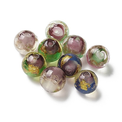 Бусины ручной работы золотой фольги стекла, круглые, с золотым песком