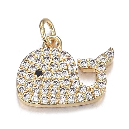 Brass Micro Clear & Black Cubic Zirconia Charms, Long-Lasting Plated, Whale Shape