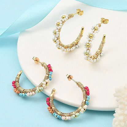 304 женские серьги-гвоздики из нержавеющей стали и бусин в стиле бохо в форме буквы С с цветком, золотые